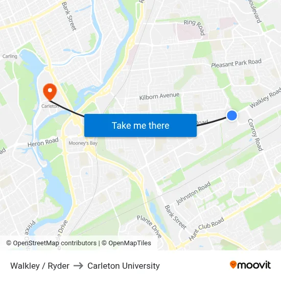 Walkley / Ryder to Carleton University map