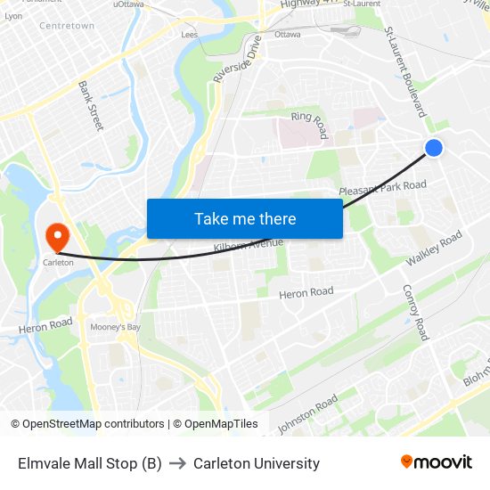 Elmvale Mall Stop (B) to Carleton University map