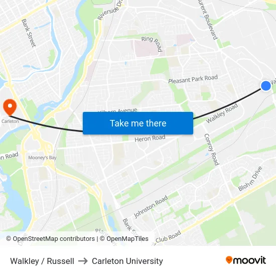 Walkley / Russell to Carleton University map