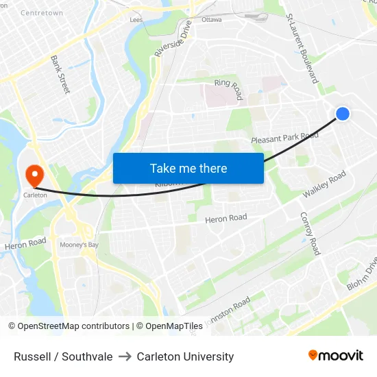 Russell / Southvale to Carleton University map