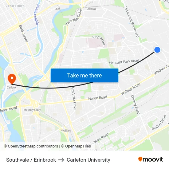 Southvale / Erinbrook to Carleton University map