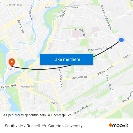 Southvale / Russell to Carleton University map