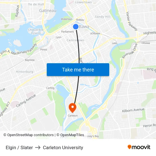 Elgin / Slater to Carleton University map