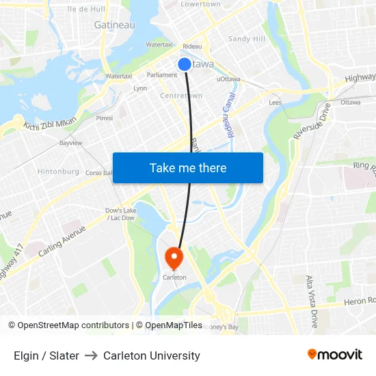 Elgin / Slater to Carleton University map