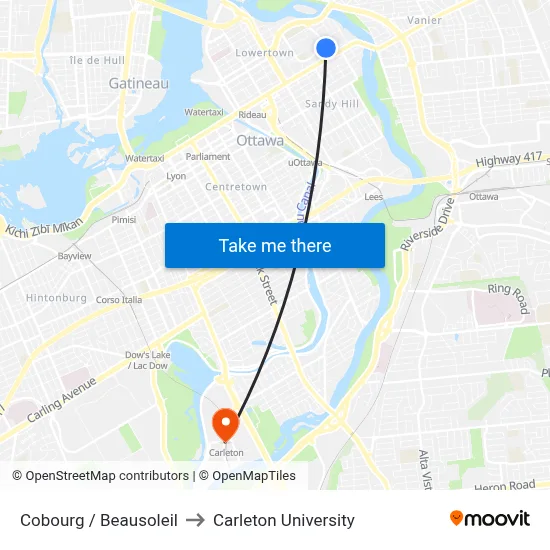 Cobourg / Beausoleil to Carleton University map