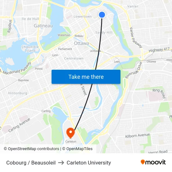 Cobourg / Beausoleil to Carleton University map