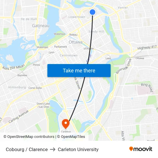 Cobourg / Clarence to Carleton University map