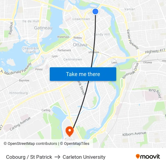 Cobourg / St Patrick to Carleton University map