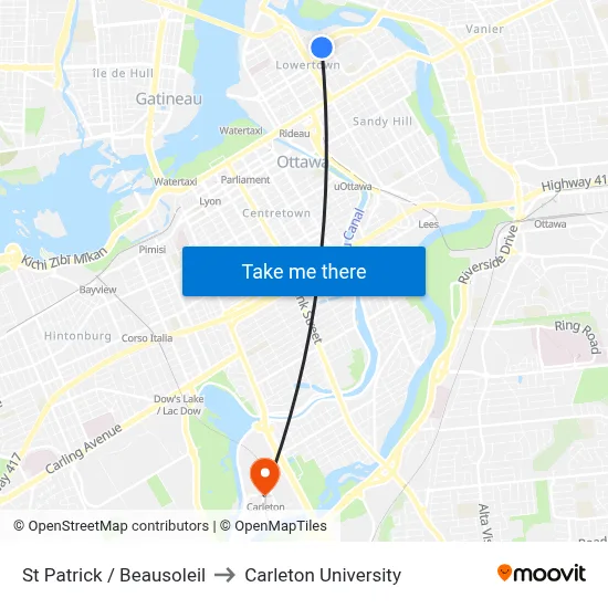 St Patrick / Beausoleil to Carleton University map