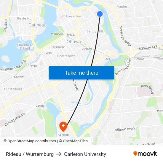 Rideau / Wurtemburg to Carleton University map