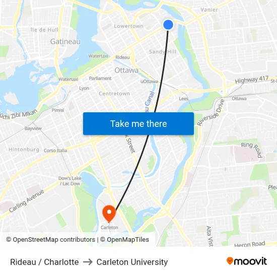 Rideau / Charlotte to Carleton University map