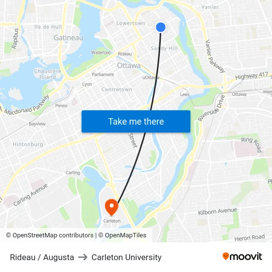 Rideau / Augusta to Carleton University map
