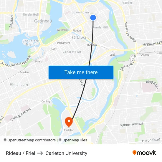 Rideau / Friel to Carleton University map