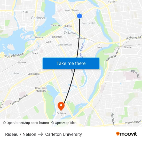 Rideau / Nelson to Carleton University map
