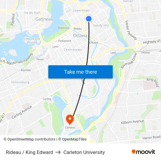 Rideau / King Edward to Carleton University map