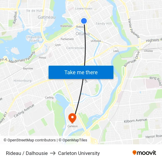 Rideau / Dalhousie to Carleton University map
