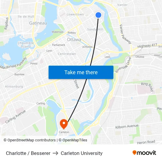Charlotte / Besserer to Carleton University map
