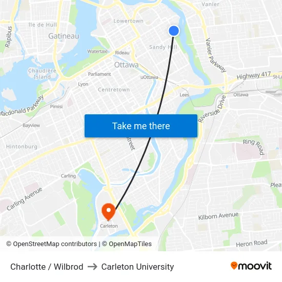 Charlotte / Wilbrod to Carleton University map