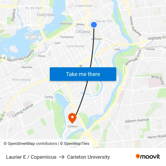 Laurier E / Copernicus to Carleton University map