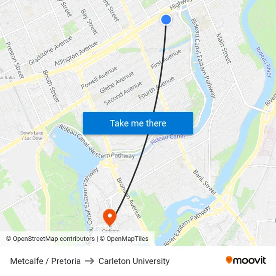 Metcalfe / Pretoria to Carleton University map