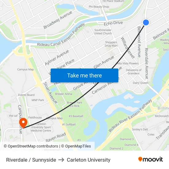 Riverdale / Sunnyside to Carleton University map