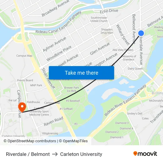 Riverdale / Belmont to Carleton University map