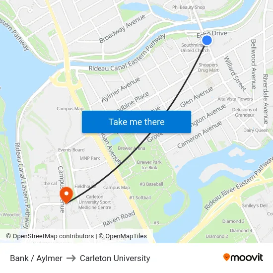 Bank / Aylmer to Carleton University map