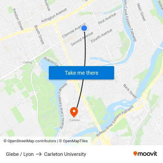 Glebe / Lyon to Carleton University map