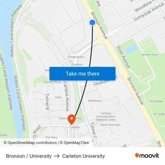 Bronson / University to Carleton University map