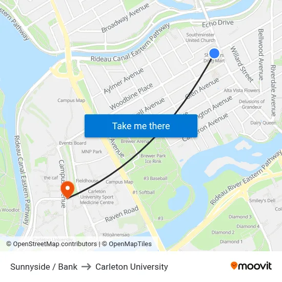 Sunnyside / Bank to Carleton University map