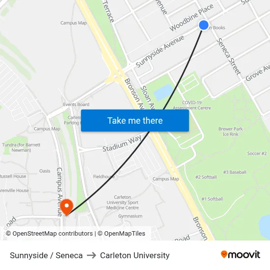 Sunnyside / Seneca to Carleton University map
