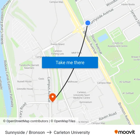 Sunnyside / Bronson to Carleton University map
