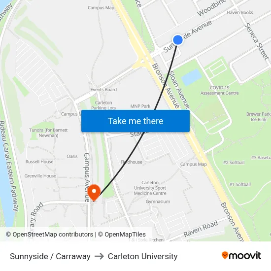 Sunnyside / Carraway to Carleton University map