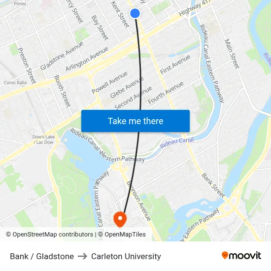 Bank / Gladstone to Carleton University map
