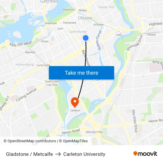 Gladstone / Metcalfe to Carleton University map