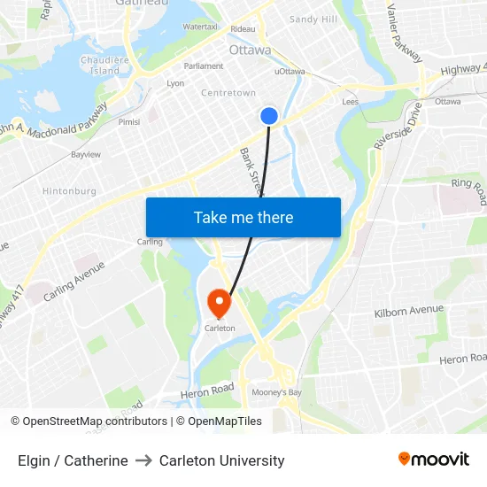 Elgin / Catherine to Carleton University map