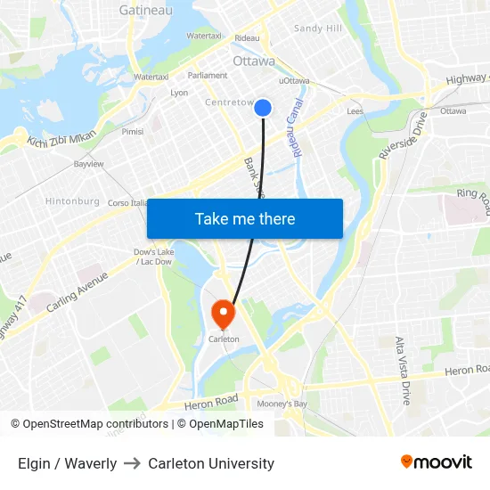 Elgin / Waverly to Carleton University map