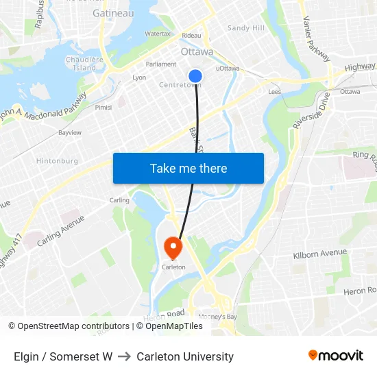 Elgin / Somerset W to Carleton University map