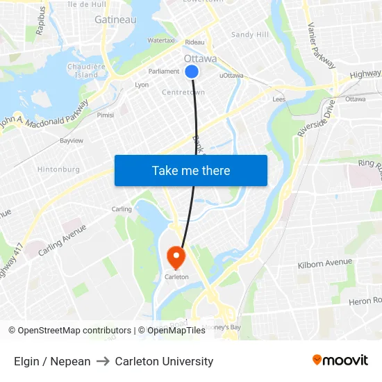 Elgin / Nepean to Carleton University map