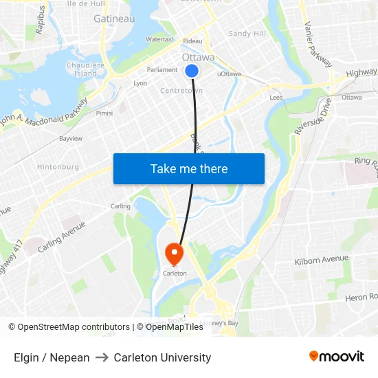 Elgin / Nepean to Carleton University map