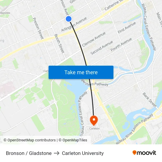 Bronson / Gladstone to Carleton University map