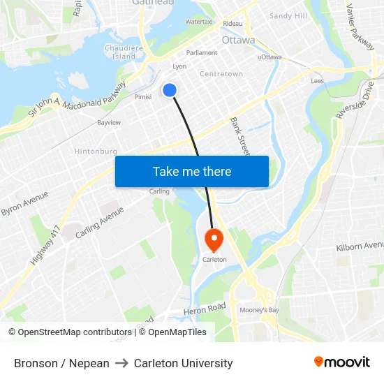 Bronson / Nepean to Carleton University map