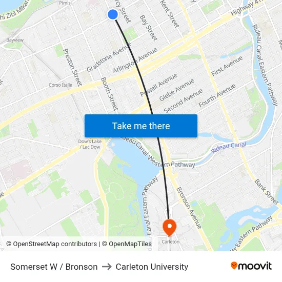 Somerset W / Bronson to Carleton University map