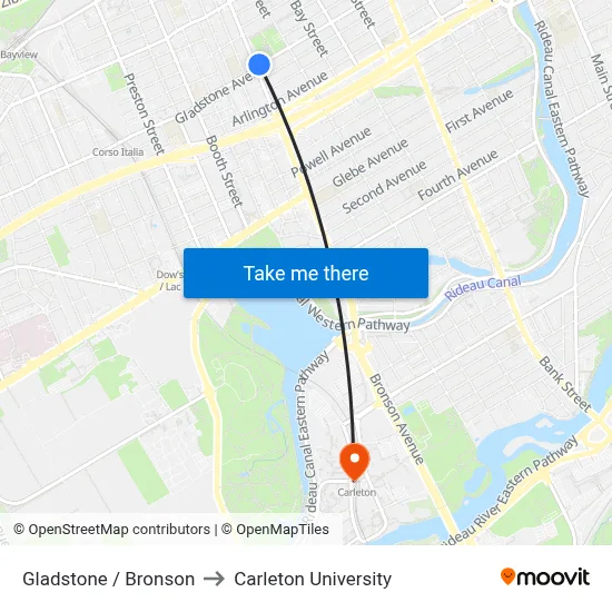 Gladstone / Bronson to Carleton University map