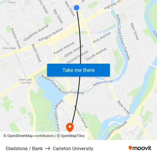 Gladstone / Bank to Carleton University map