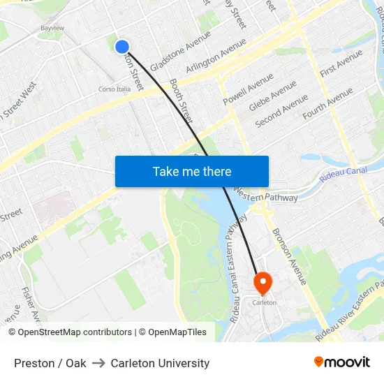 Preston / Oak to Carleton University map