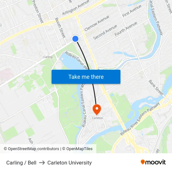 Carling / Bell to Carleton University map