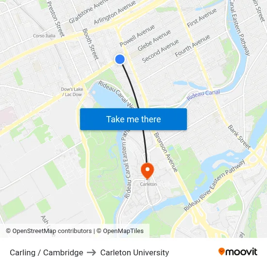 Carling / Cambridge to Carleton University map