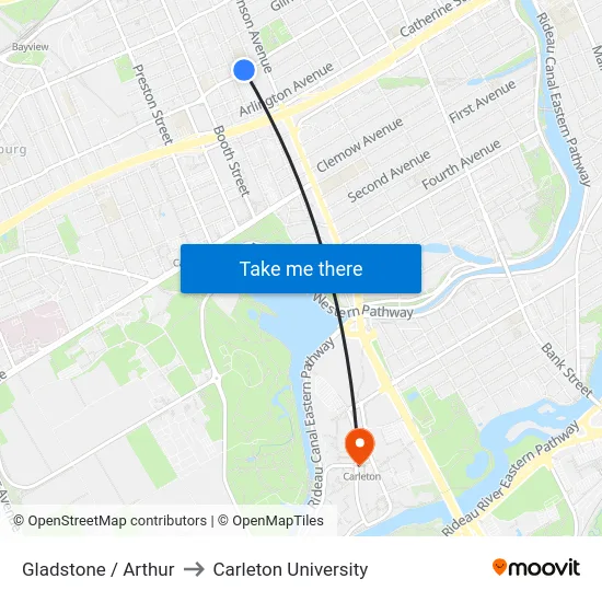Gladstone / Arthur to Carleton University map