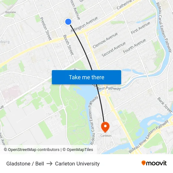 Gladstone / Bell to Carleton University map